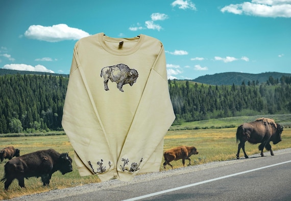 Bison Sweatshirt- Yellowstone Ecology American Buffalo lino block hand-printed native plant unique pullover