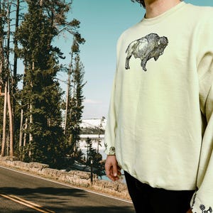 May include: A light yellow sweatshirt with a black and white graphic of a buffalo on the front. The sweatshirt has long sleeves and a crew neck.