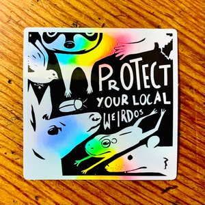 Holographic Critter Sticker - 2&quot; vinyl laptop protect your local weirdos animal wildlife sticker with raccoon opossum beetle frog deer bird