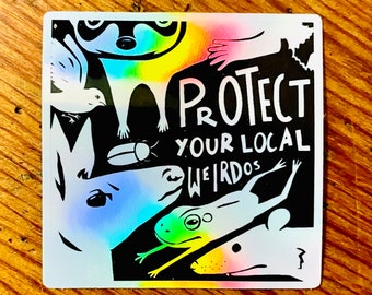 Holographic Critter Sticker - 2" vinyl laptop protect your local weirdos animal wildlife sticker with raccoon opossum beetle frog deer bird