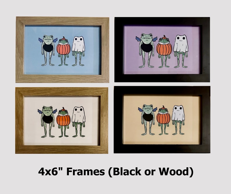 Halloween Frogs Framed Print - spooky cute Toad and Frog in pumpkin ghost and bat costumes wall art image 4