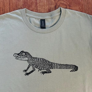 Alligator Linoprint Tshirt: unique hand printed baby gator short sleeve unisex shirt