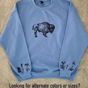 Bison Sweatshirt- Yellowstone Ecology American Buffalo lino block hand-printed native plant unique pullover image 6