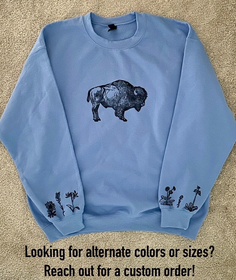 Bison Sweatshirt- Yellowstone Ecology American Buffalo lino block hand-printed native plant unique pullover image 6