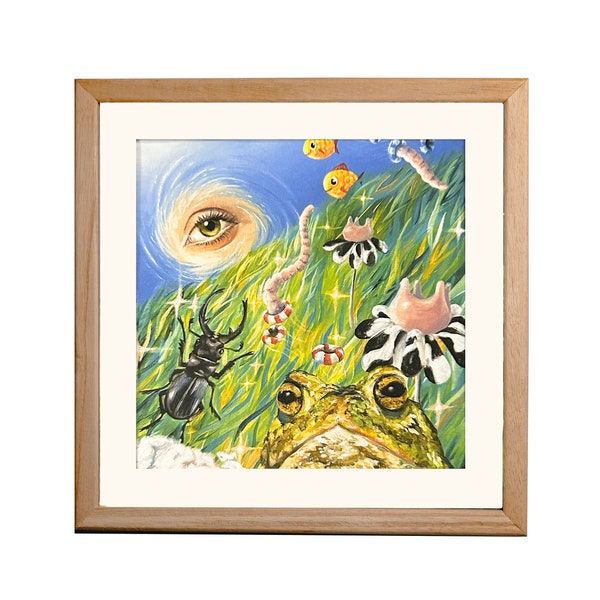 Fantasy Toad Land 6x6” surreal funny oil painting  featuring cow flowers, wormholes, a watery eye, goldfish, and stag beetle