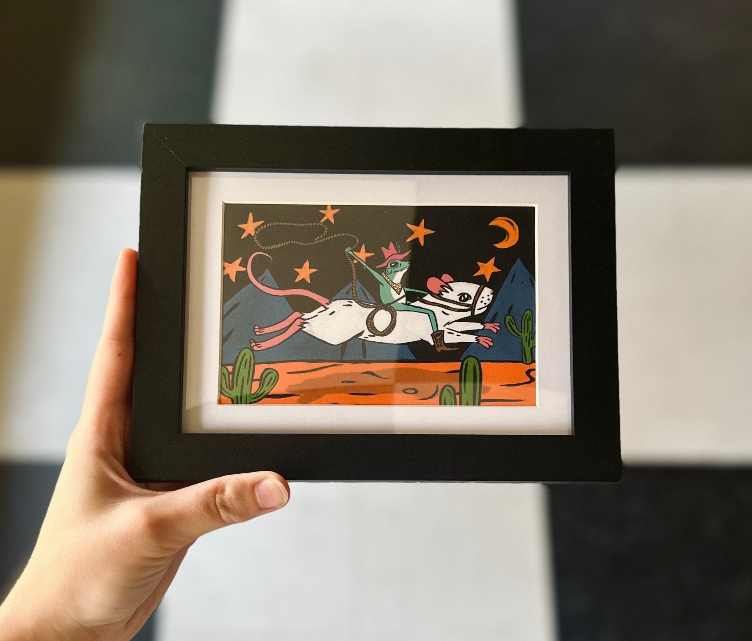 Framed Cowboy Frog Riding Mouse Print - ready to hang 4"x6" wall print whimsical funny colorful rodeo frog wearing cowboy hat art poster