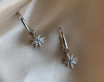 Sterling Silver Star Hoop Earrings – CZ Dangle Charm