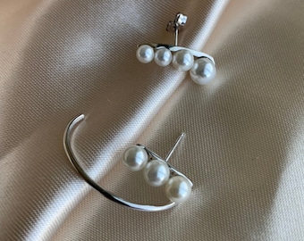Ear Cuff -  Pearl Earrings - Pearl Ear Cuff - Suspender Earrings - Huggie Earrings - Unique Earrings - Wrap Earrings - Minimal Jewelry 5-19