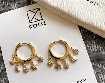 Gold Huggie Hoop Earrings – Sterling Silver, Celestial Charms