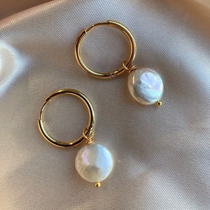 Pearl Hoop Earrings - Pearl Earrings Gold - Gold Hoop Earrings - Baroque Pearl Earrings - Gold Hoops - Minimalist Jewelry - Bridesmaids P