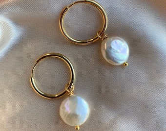 Pearl Hoop Earrings - Pearl Earrings Gold - Gold Hoop Earrings - Baroque Pearl Earrings - Gold Hoops - Minimalist Jewelry - Bridesmaids P