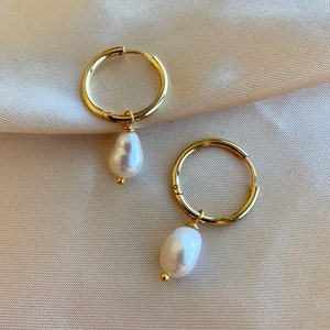 Pearl Hoop Earrings - Baroque Pearl Earrings - Dangle Hoop Earrings - Pearl Earrings - Gold Hoops - Bridesmaids Earrings - Minimalist