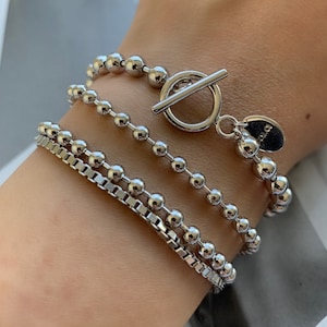 Sterling Silver Ball Bracelet - 3mm, 5mm Ball 925 Sterling Silver Bracelet - Sterling Silver Layering Bracelet - Toggle Ball Bracelet - Box