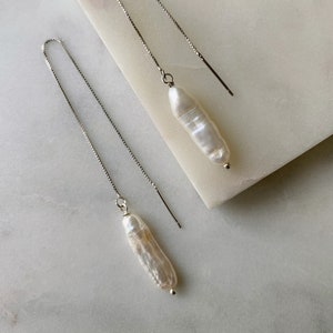 Pearl Threader Earrings - Pearl Earrings - Silver Chain Earrings - Bridesmaid Gift - Pearl Chain Earrings - Freshwater Pearl Earrings P