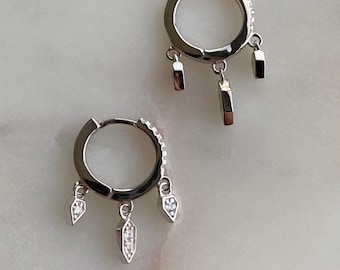 Sterling Silver Charm Hoop Earrings – Cubic Zirconia Dangle Earrings
