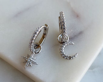 Sterling Silver Star and Moon Hoop Earrings – CZ Dangle Huggies