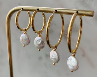 Baroque Pearl Hoop Earrings – 14K Gold, Sterling Silver