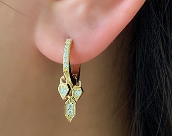 Gold Charm Hoop Earrings – Cubic Zirconia, Sterling Silver Huggies