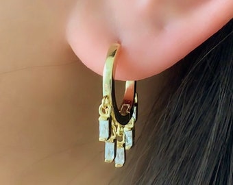 Gold Charm Hoop Earrings – Sterling Silver, Cubic Zirconia