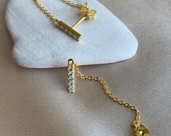 Gold Chain Stud Earrings - Sterling Silver Dangle Bar Earrings