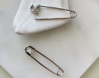 Sterling Silver Safety Pin Earrings – Cubic Zirconia Punk Dangle