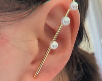 Pendiente de perla – Brazalete para la oreja de plata de ley chapada en oro de 14k