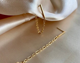 Pendientes de cadena con barra de oro - Pendientes colgantes de plata de ley