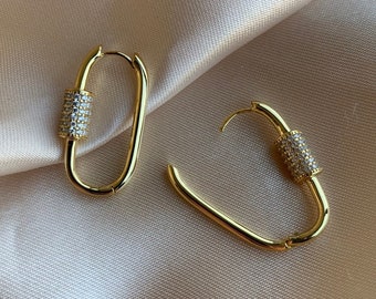 Gold Oval Hoop Earrings - Gold Lock Hoop Earrings - Huggie Hoops - Chunky Hoop Earrings - Gift for Women - Carabiner Lock Earrings