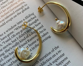 Baroque Pearl Hoop Earrings – 14K Gold, Sterling Silver