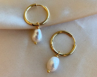 Baroque Pearl Hoop Earrings – 14k Gold, Sterling Silver