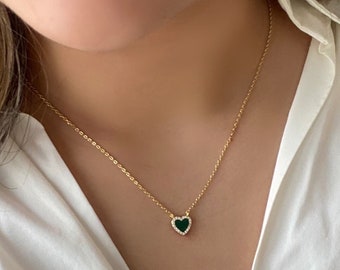 Schlichter Diamant Malachit Herz Anhänger Halskette - Exquisiter grüner Edelstein Schmuck -18K Vergoldet Tiny Heart Halskette