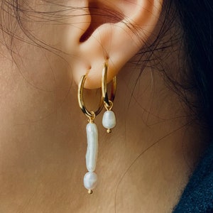 Pearl Hoop Earrings - Pearl Hoops - Gold Hoop Earrings - Gold Huggie Earrings - Freshwater Pearl - Gift for Her P