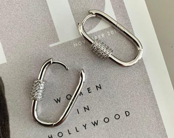 Sterling Silver Oval Hoop Earrings – Carabiner Lock Huggie Hoops