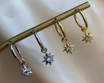 Pendientes de aro con estrella dorada - Plata de ley con dije de circonita cúbica