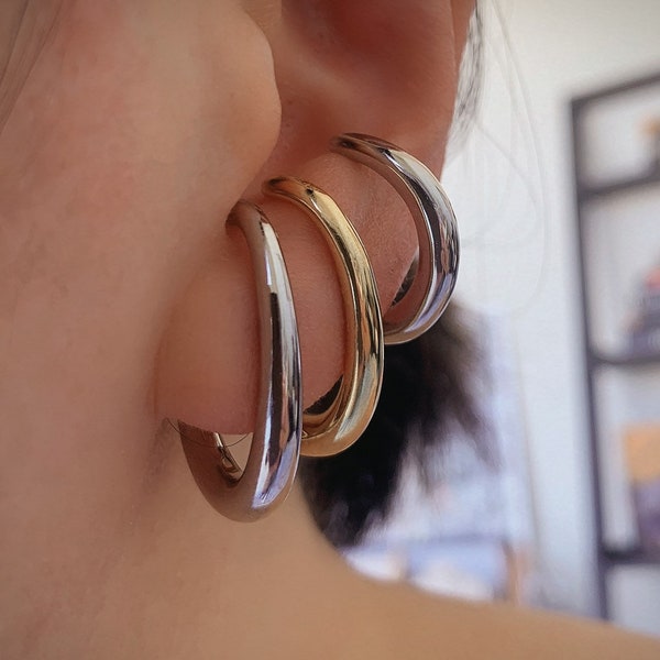 Suspender Earrings - Chunky Hoop Earrings - Two Tone Earrings - Minimalist Huggie Earrings - Climber Statement Earrings - Bar Hoop Earrings