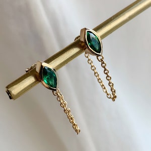 Gold Threader Earrings - Chain Stud Earrings - Emerald Earrings - Minimalist Earrings - Dainty Earrings - Chain Loop Studs 65