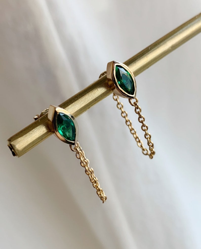 Gold Threader Earrings Chain Stud Earrings Emerald Etsy