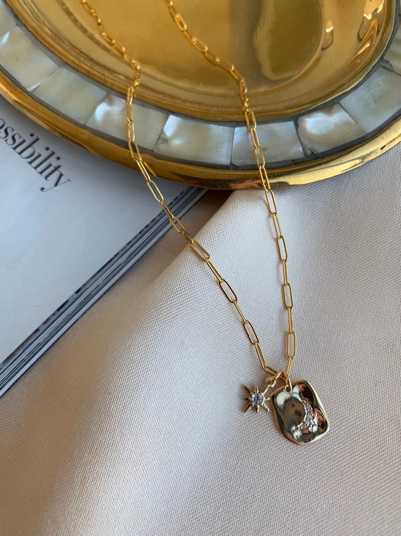 Layering Necklace Star Necklace North Star Necklace Compass Necklace Gold Coin Necklace Moon and Star Necklace Link Necklace