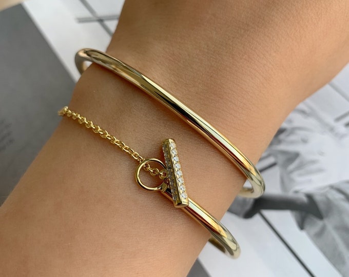 Chain Lock Sterling Silver Bangle - Bangle With Chain - Bangle Bracelet ...