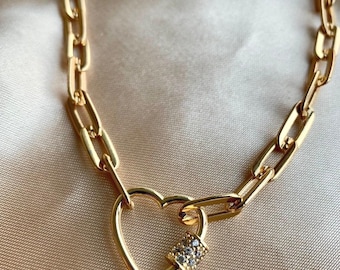 Gold Plated Chain Link Necklace - Heart Lock, Chunky Choker