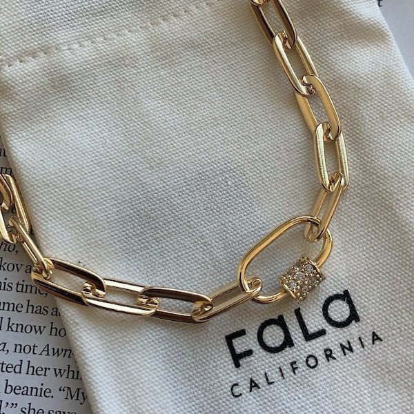 14K Gold Plated Carabiner Lock Necklace - Chunky Chain Choker