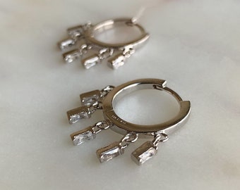 Sterling Silver Charm Hoop Earrings – Cubic Zirconia Dangles