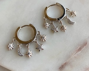 Star Charm Hoop Earrings – Sterling Silver Huggies with Cubic Zirconia