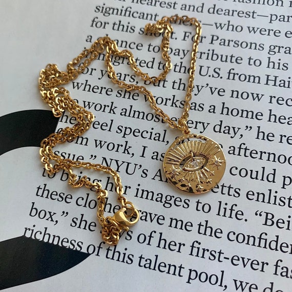 14K Gold Filled Evil Eye Necklace, Zircone Coin Charm