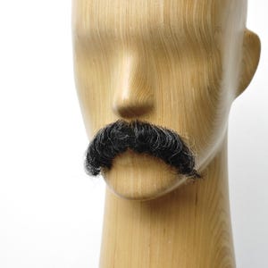 Pode incluir: Um bigode preto e espesso preso a uma cabeça de manequim de madeira. O bigode é espesso e tem uma forma ligeiramente curvada, com textura visível e pelos individuais. A cabeça do manequim é castanho-claro.