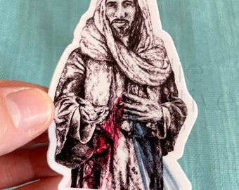 Divine Mercy Sticker and Print, Catholic Vinyl Weatherproof Sticker, Pen & Ink and Watercolor Artwork, Jesus Artwork