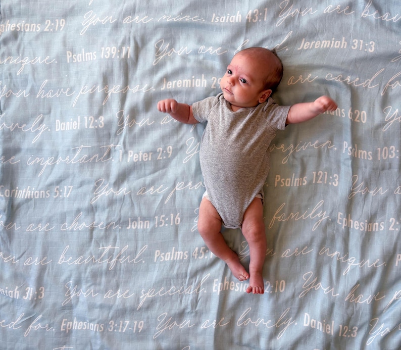 You Are Mine | Muslin Swaddle Blanket | Scripture Affirmation Christian Baby Blanket Baby Blue