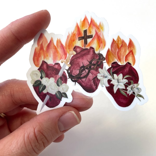 Three Hearts - Sacred Heart, Immaculate Heart & Chaste Heart - Catholic Vinyl Sticker and Print