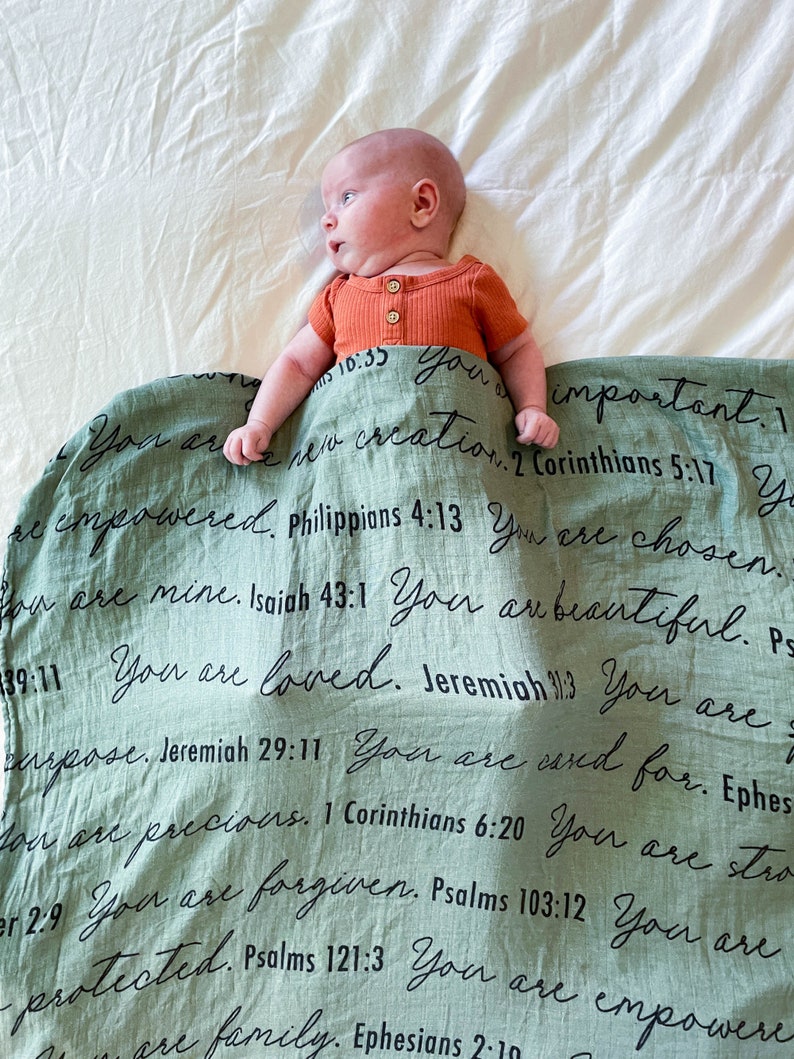 You Are Mine | Muslin Swaddle Blanket | Scripture Affirmation Christian Baby Blanket Green