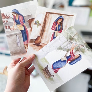 Mary's Work Trio | Mother Mary Doing Chores | Mary's Laundry, Dishes, & Sweeping Print | Catholic Christian Watercolor Portrait